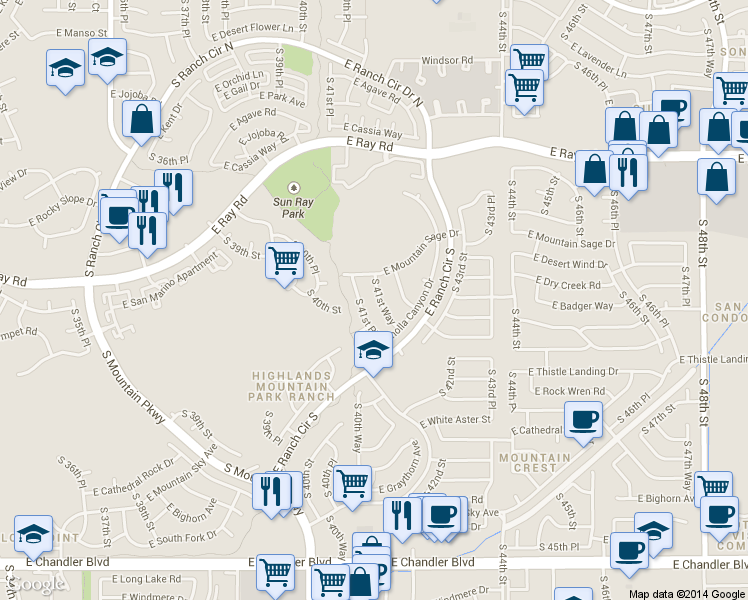 map of restaurants, bars, coffee shops, grocery stores, and more near 14440 South 41st Way in Phoenix