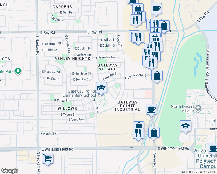 map of restaurants, bars, coffee shops, grocery stores, and more near 4528 East Los Alamos Street in Gilbert