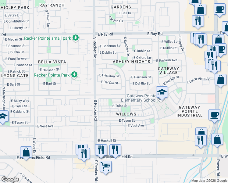map of restaurants, bars, coffee shops, grocery stores, and more near 4086 East Loma Vista Street in Gilbert