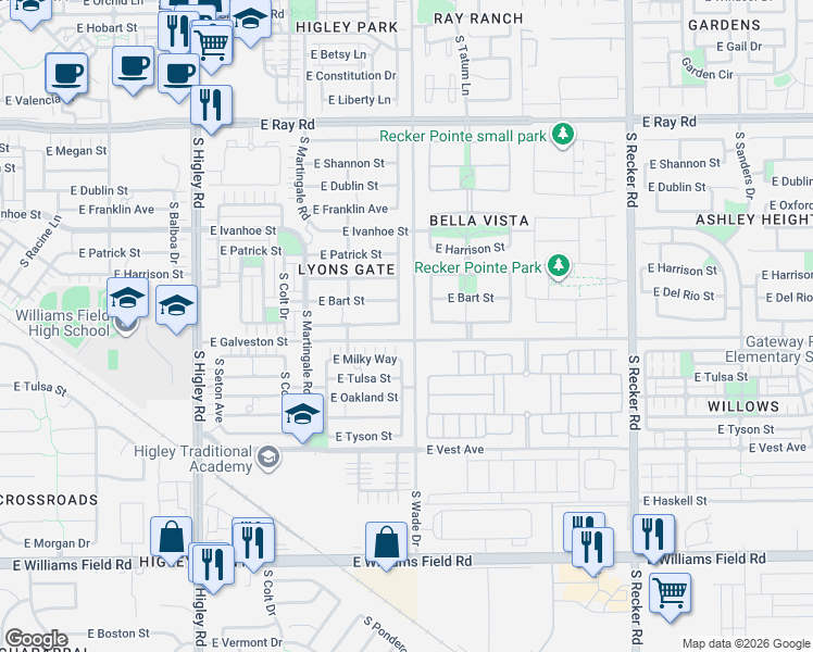 map of restaurants, bars, coffee shops, grocery stores, and more near 1954 South Arroyo Lane in Gilbert
