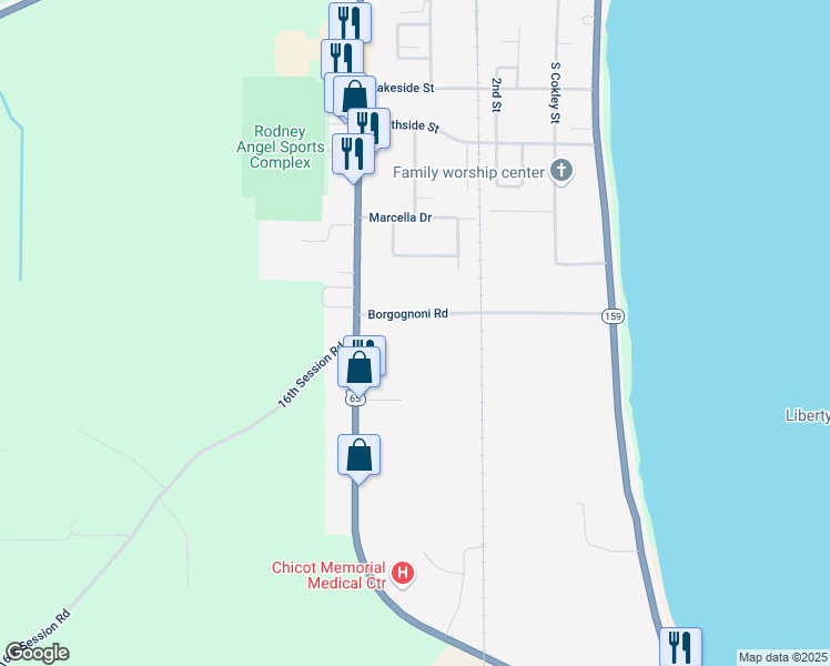 map of restaurants, bars, coffee shops, grocery stores, and more near Borgognoni Road in Lake Village