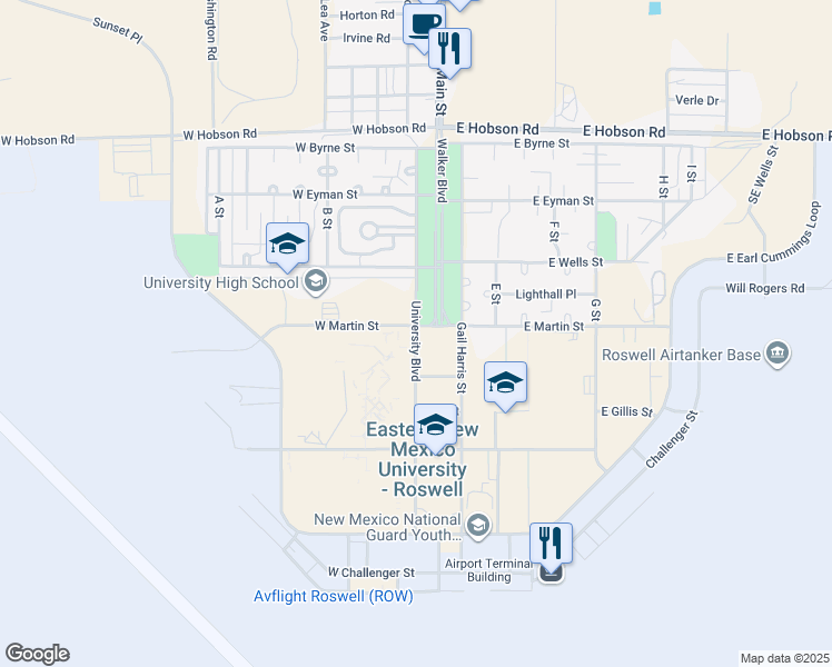 map of restaurants, bars, coffee shops, grocery stores, and more near University Boulevard in Roswell