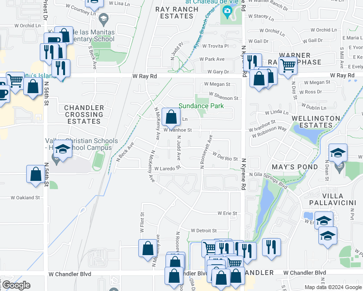 map of restaurants, bars, coffee shops, grocery stores, and more near 6242 W Del Rio St in Chandler