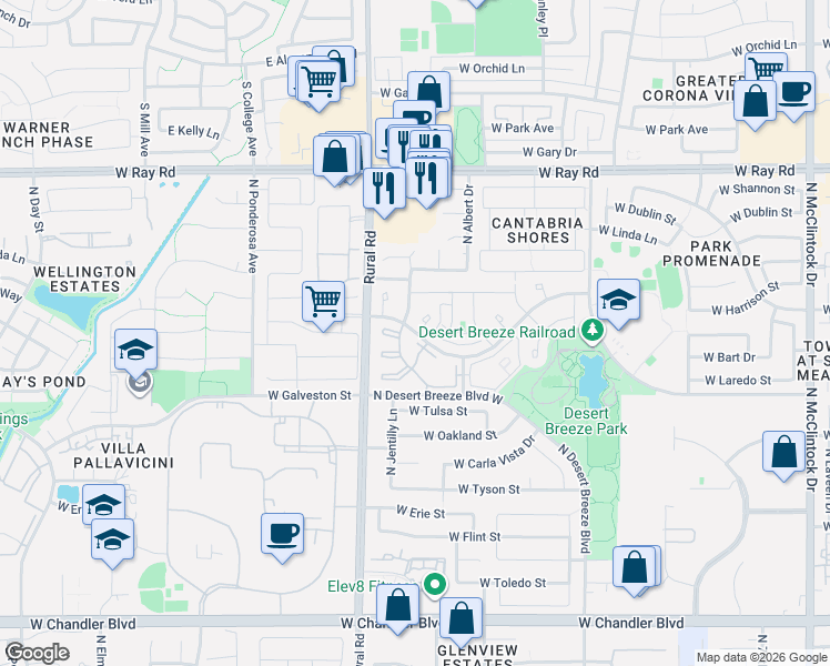 map of restaurants, bars, coffee shops, grocery stores, and more near 4909 West Joshua Boulevard in Chandler