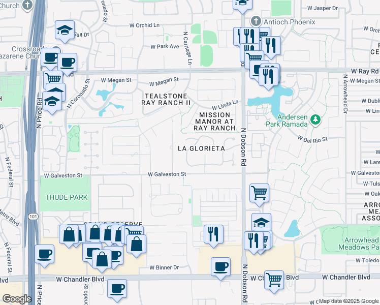 map of restaurants, bars, coffee shops, grocery stores, and more near 700 North Dobson Road in Chandler