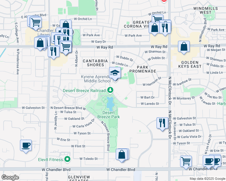 map of restaurants, bars, coffee shops, grocery stores, and more near 777 North Desert Breeze Boulevard East in Chandler