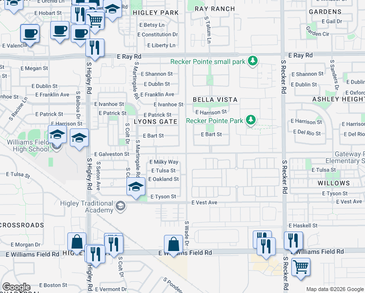 map of restaurants, bars, coffee shops, grocery stores, and more near 1954 South Arroyo Lane in Gilbert