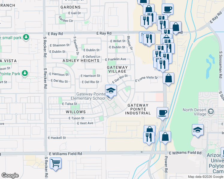 map of restaurants, bars, coffee shops, grocery stores, and more near 1972 South Falcon Drive in Gilbert