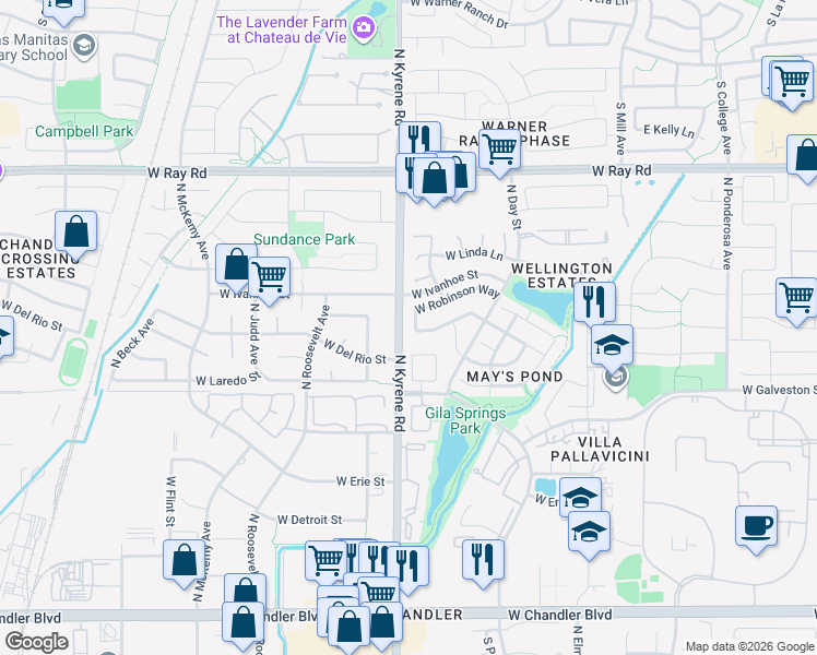 map of restaurants, bars, coffee shops, grocery stores, and more near 720 North Aspen Drive in Chandler