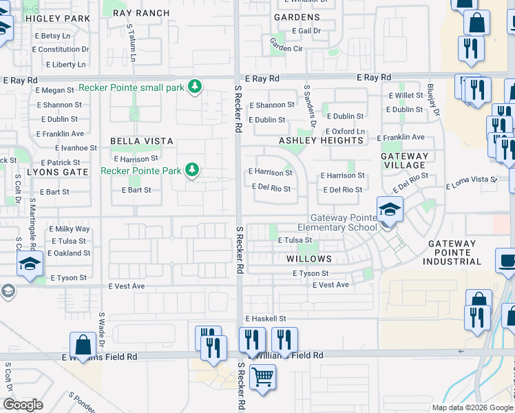 map of restaurants, bars, coffee shops, grocery stores, and more near 1958 South Sabino Drive in Gilbert