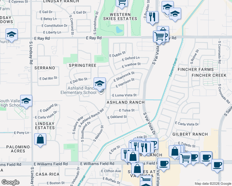 map of restaurants, bars, coffee shops, grocery stores, and more near 1329 East Harrison Street in Gilbert