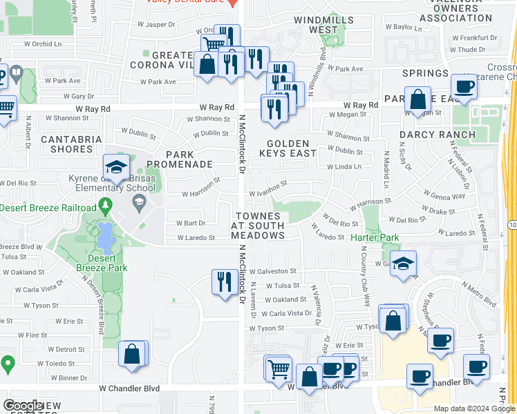 map of restaurants, bars, coffee shops, grocery stores, and more near 3921 West Ivanhoe Street in Chandler