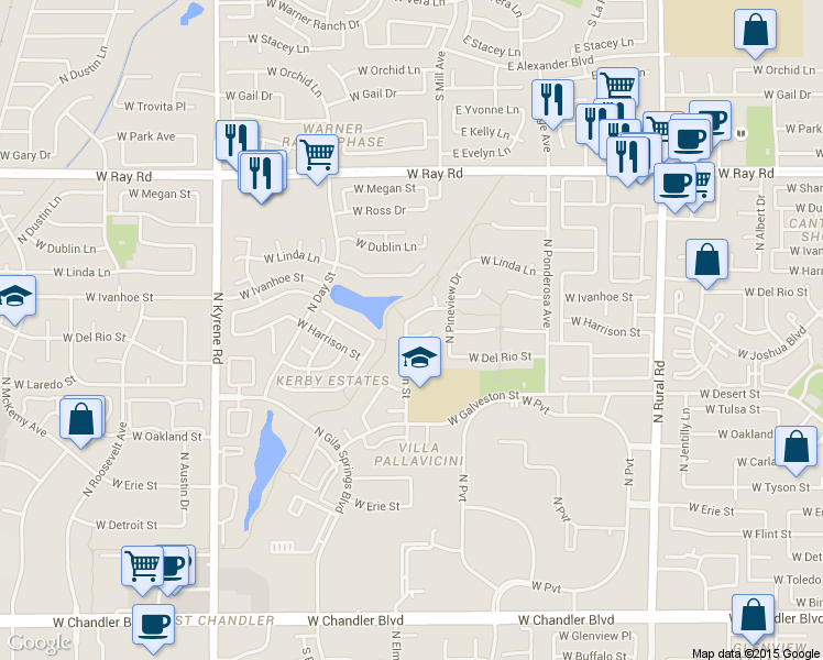 map of restaurants, bars, coffee shops, grocery stores, and more near 5512 West Harrison Court in Chandler