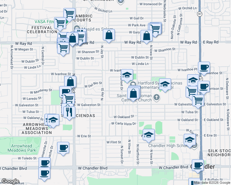 map of restaurants, bars, coffee shops, grocery stores, and more near 749 West Monterey Street in Chandler