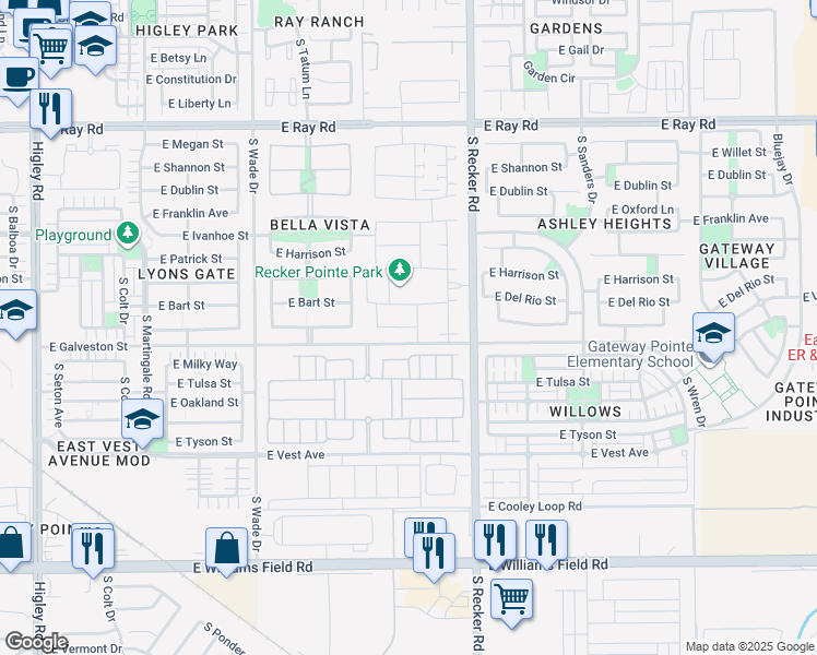 map of restaurants, bars, coffee shops, grocery stores, and more near 3894 East Loma Vista Street in Gilbert