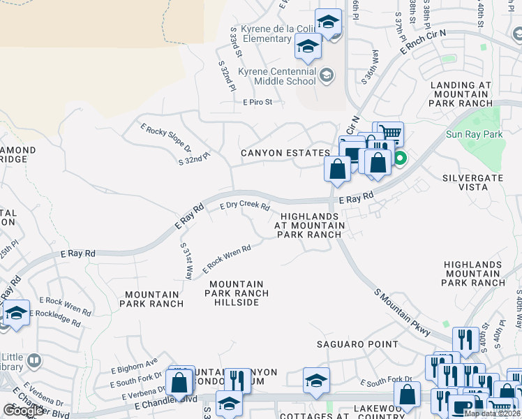 map of restaurants, bars, coffee shops, grocery stores, and more near 3323 East Dry Creek Road in Phoenix