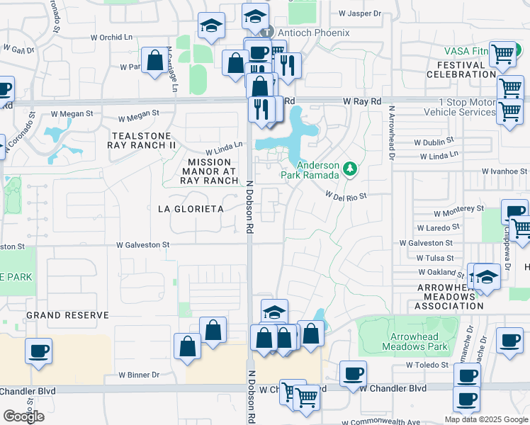 map of restaurants, bars, coffee shops, grocery stores, and more near 725 North Dobson Road in Chandler