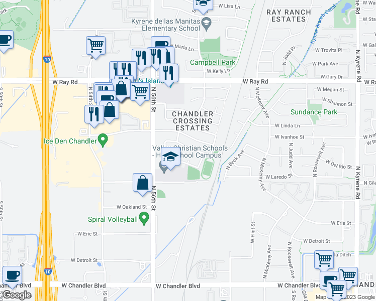 map of restaurants, bars, coffee shops, grocery stores, and more near 6791 West Del Rio Street in Chandler