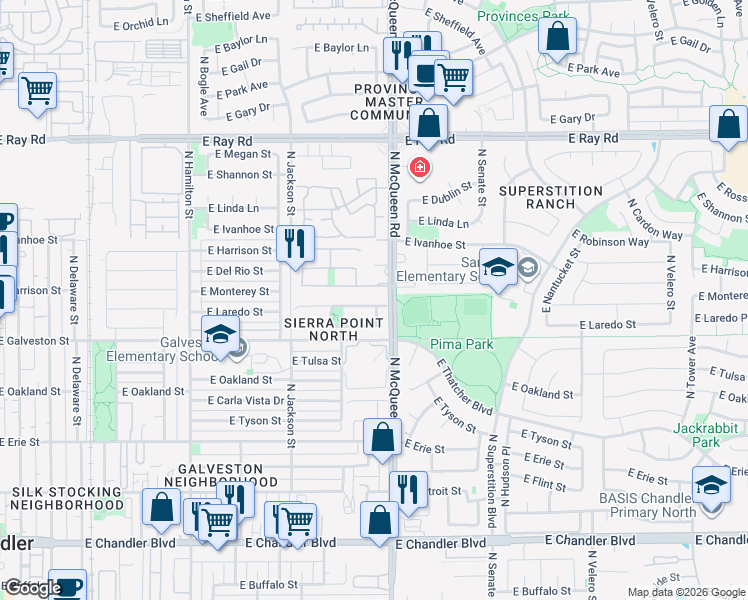 map of restaurants, bars, coffee shops, grocery stores, and more near 970 E Monterey St in Chandler