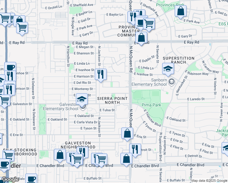 map of restaurants, bars, coffee shops, grocery stores, and more near 898 East Monterey Street in Chandler
