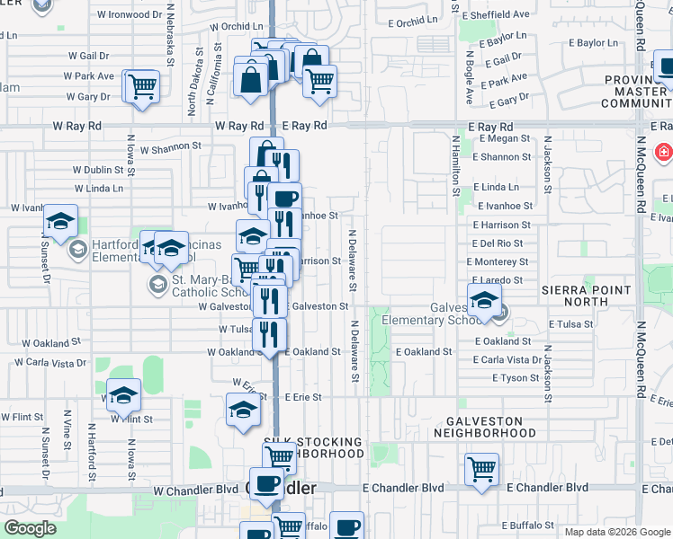 map of restaurants, bars, coffee shops, grocery stores, and more near 691 North Colorado Street in Chandler