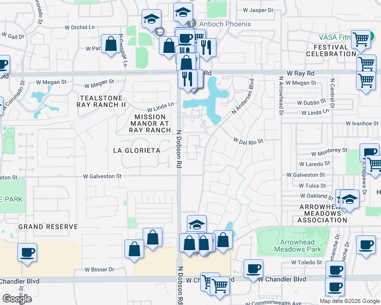 map of restaurants, bars, coffee shops, grocery stores, and more near 725 North Dobson Road in Chandler