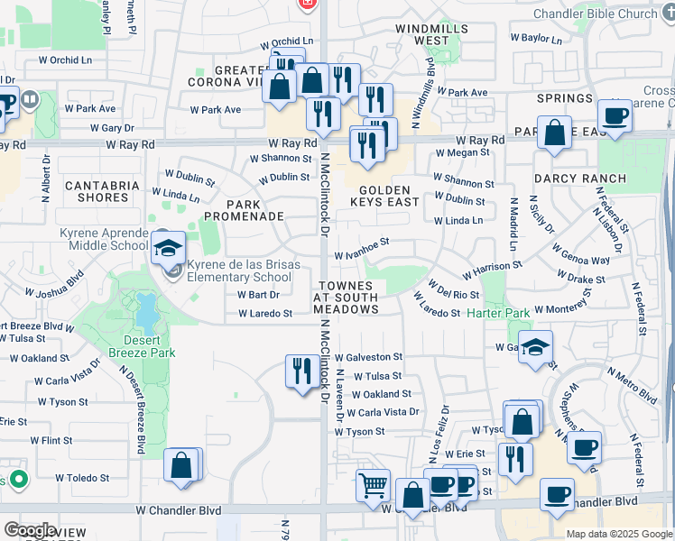 map of restaurants, bars, coffee shops, grocery stores, and more near 3921 West Ivanhoe Street in Chandler