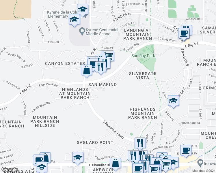 map of restaurants, bars, coffee shops, grocery stores, and more near 3625 East Ray Road in Phoenix