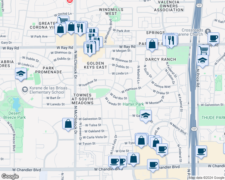 map of restaurants, bars, coffee shops, grocery stores, and more near 3637 West Harrison Street in Chandler
