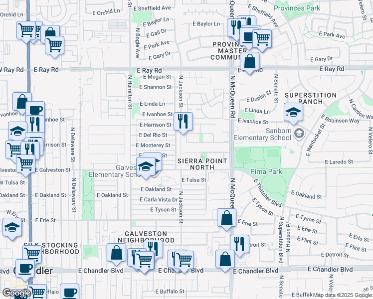 map of restaurants, bars, coffee shops, grocery stores, and more near 818 East Monterey Street in Chandler