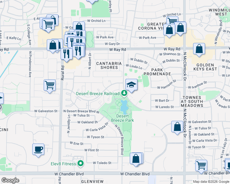 map of restaurants, bars, coffee shops, grocery stores, and more near 4543 West Laredo Street in Chandler