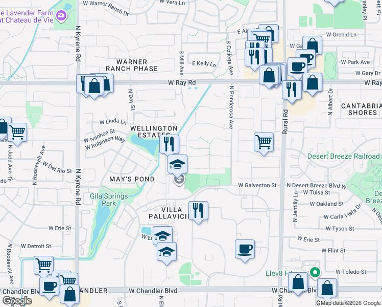 map of restaurants, bars, coffee shops, grocery stores, and more near 5422 West Harrison Court in Chandler