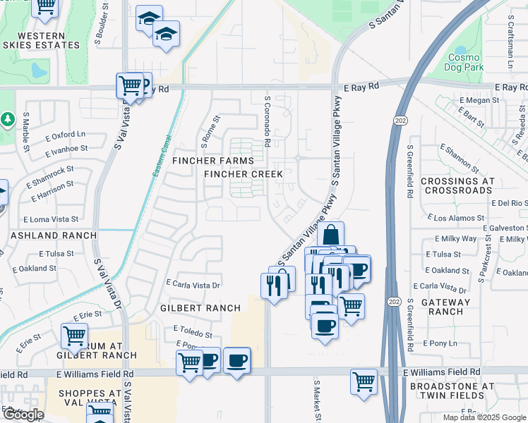 map of restaurants, bars, coffee shops, grocery stores, and more near 1933 South Peppertree Drive in Gilbert