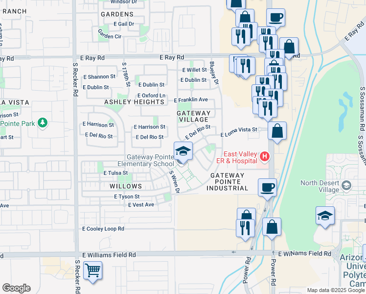 map of restaurants, bars, coffee shops, grocery stores, and more near 1960 South Falcon Drive in Gilbert