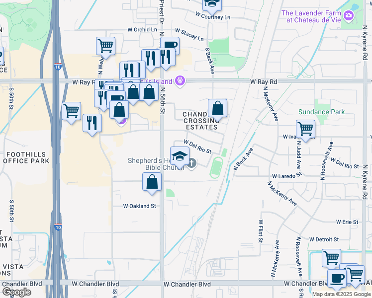 map of restaurants, bars, coffee shops, grocery stores, and more near 6932 West Monterey Street in Chandler