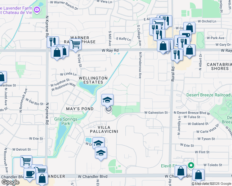 map of restaurants, bars, coffee shops, grocery stores, and more near 5422 West Harrison Court in Chandler