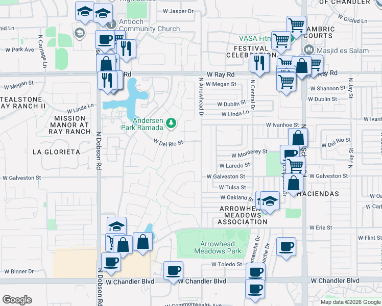 map of restaurants, bars, coffee shops, grocery stores, and more near 704 North Longmore Street in Chandler