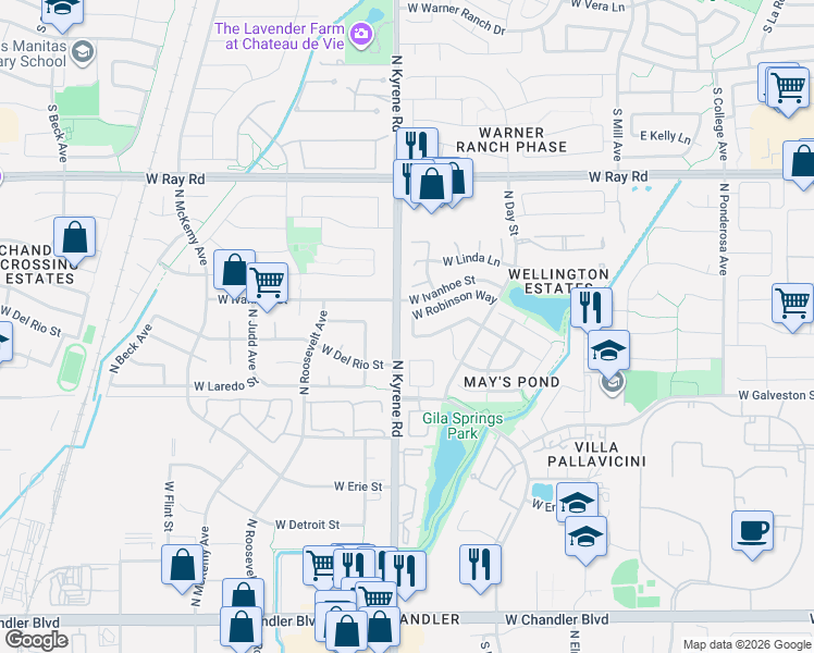 map of restaurants, bars, coffee shops, grocery stores, and more near 720 North Aspen Drive in Chandler