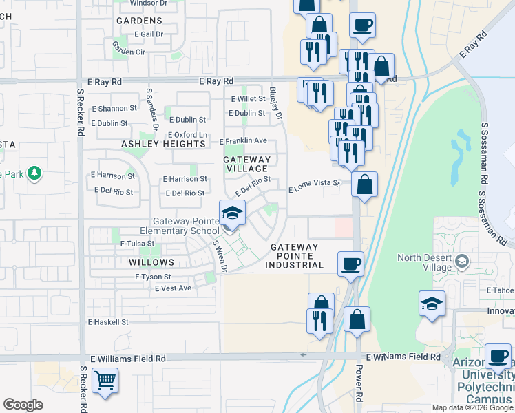 map of restaurants, bars, coffee shops, grocery stores, and more near 4528 E Los Alamos St in Gilbert