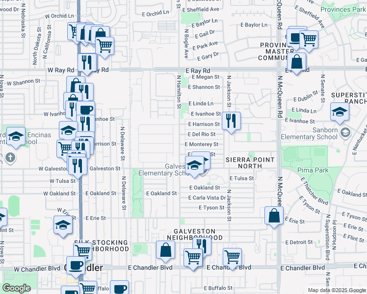 map of restaurants, bars, coffee shops, grocery stores, and more near 601 East Monterey Street in Chandler