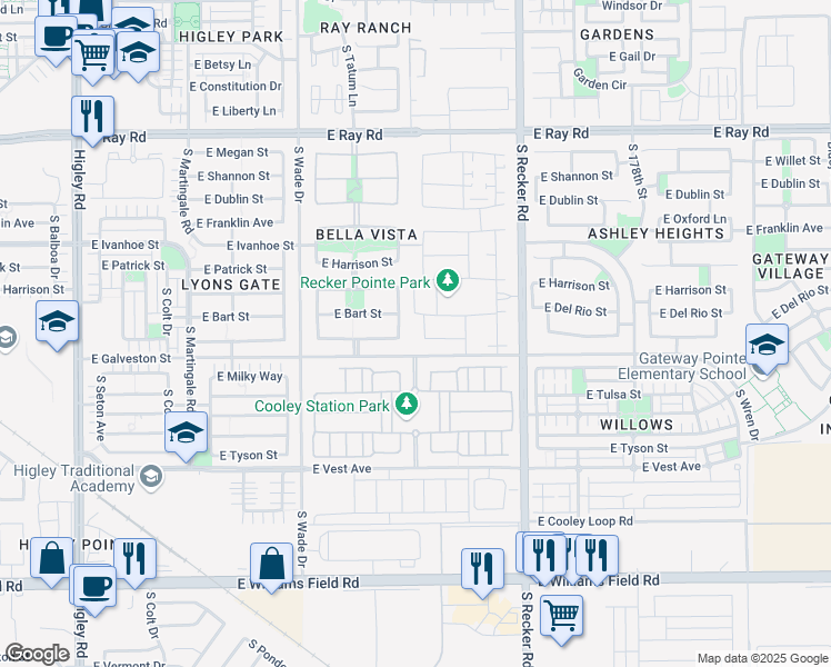 map of restaurants, bars, coffee shops, grocery stores, and more near 1958 South Henry Lane in Gilbert