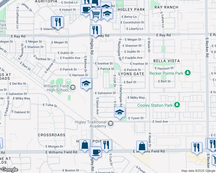 map of restaurants, bars, coffee shops, grocery stores, and more near 1958 South Sunnyvale Avenue in Gilbert