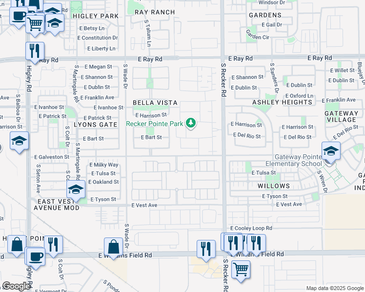 map of restaurants, bars, coffee shops, grocery stores, and more near 1958 South Henry Lane in Gilbert