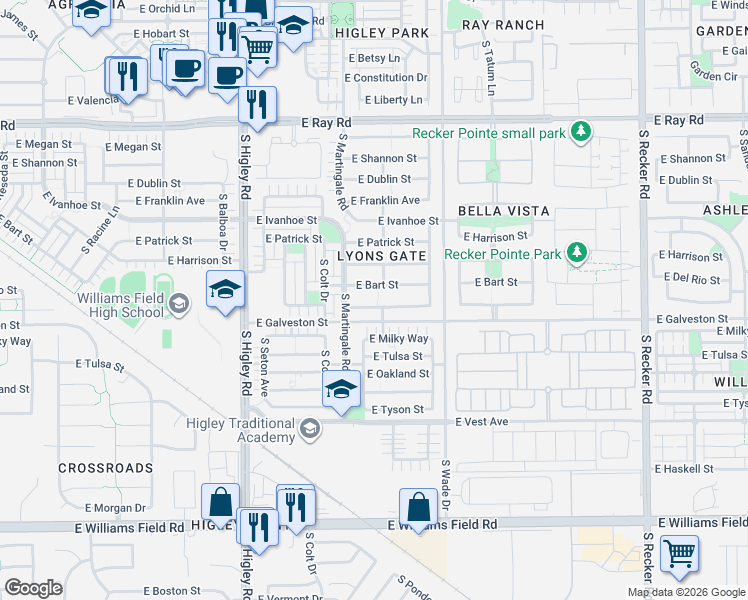 map of restaurants, bars, coffee shops, grocery stores, and more near 3458 East Loma Vista Street in Gilbert