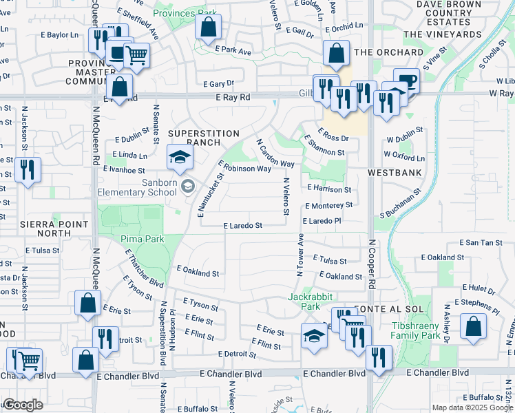 map of restaurants, bars, coffee shops, grocery stores, and more near 1568 East Monterey Street in Chandler