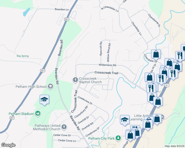 map of restaurants, bars, coffee shops, grocery stores, and more near 625 Crosscreek Trail in Pelham