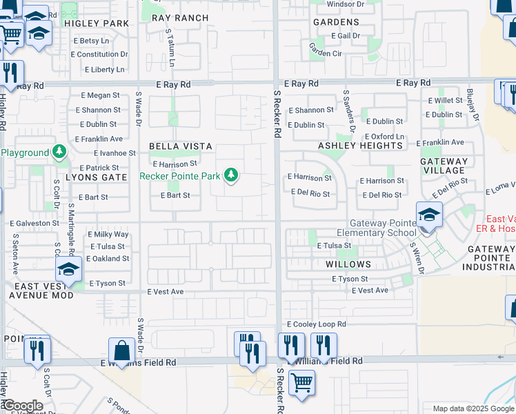 map of restaurants, bars, coffee shops, grocery stores, and more near 1958 South Follett Way in Gilbert