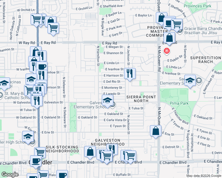 map of restaurants, bars, coffee shops, grocery stores, and more near 685 East Monterey Street in Chandler