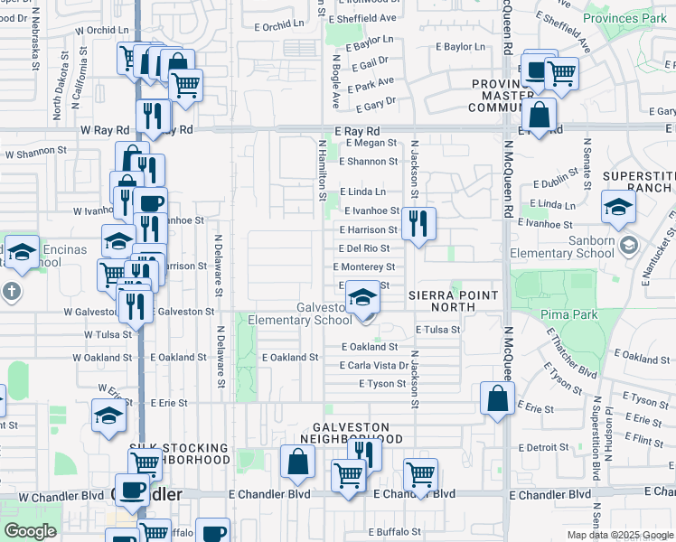 map of restaurants, bars, coffee shops, grocery stores, and more near 615 East Monterey Street in Chandler
