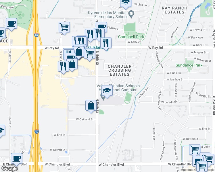 map of restaurants, bars, coffee shops, grocery stores, and more near 6932 West Monterey Street in Chandler